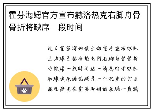 霍芬海姆官方宣布赫洛热克右脚舟骨骨折将缺席一段时间